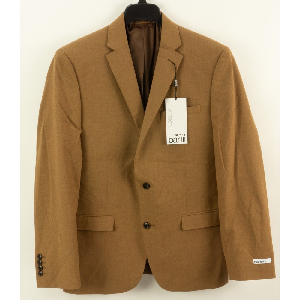 New $295 Bar III Mens Slim-Fit Solid Blazer 40R Camel Brown Flannel Sport Coat